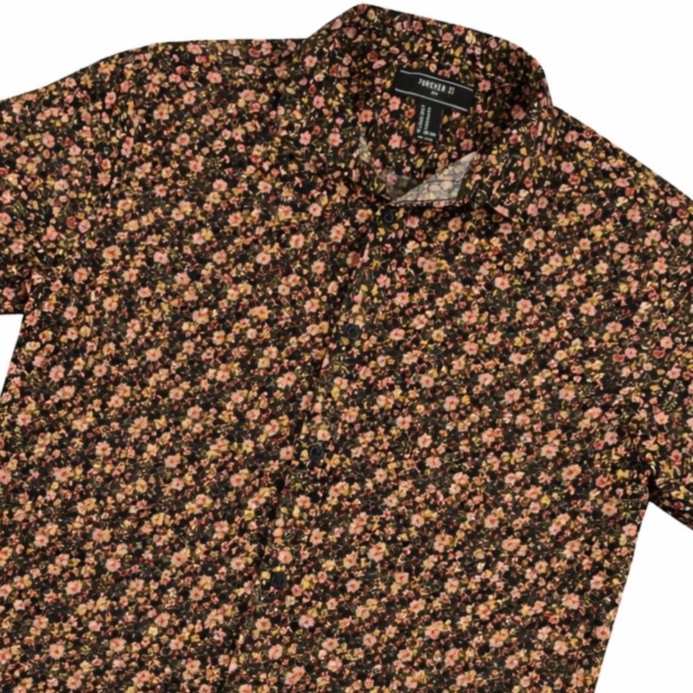 Forever 21 Men Floral Short Sleeve Button Down Shirt Black Pink Orange Medium